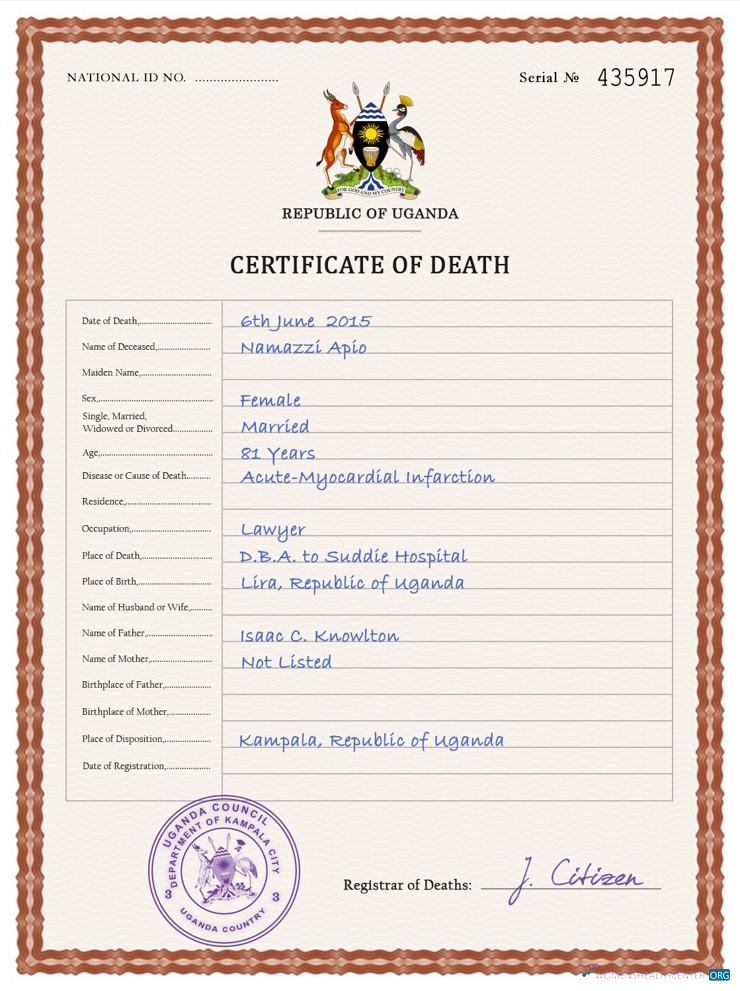 Download Uganda vital record death certificate PSD template Photoshop template